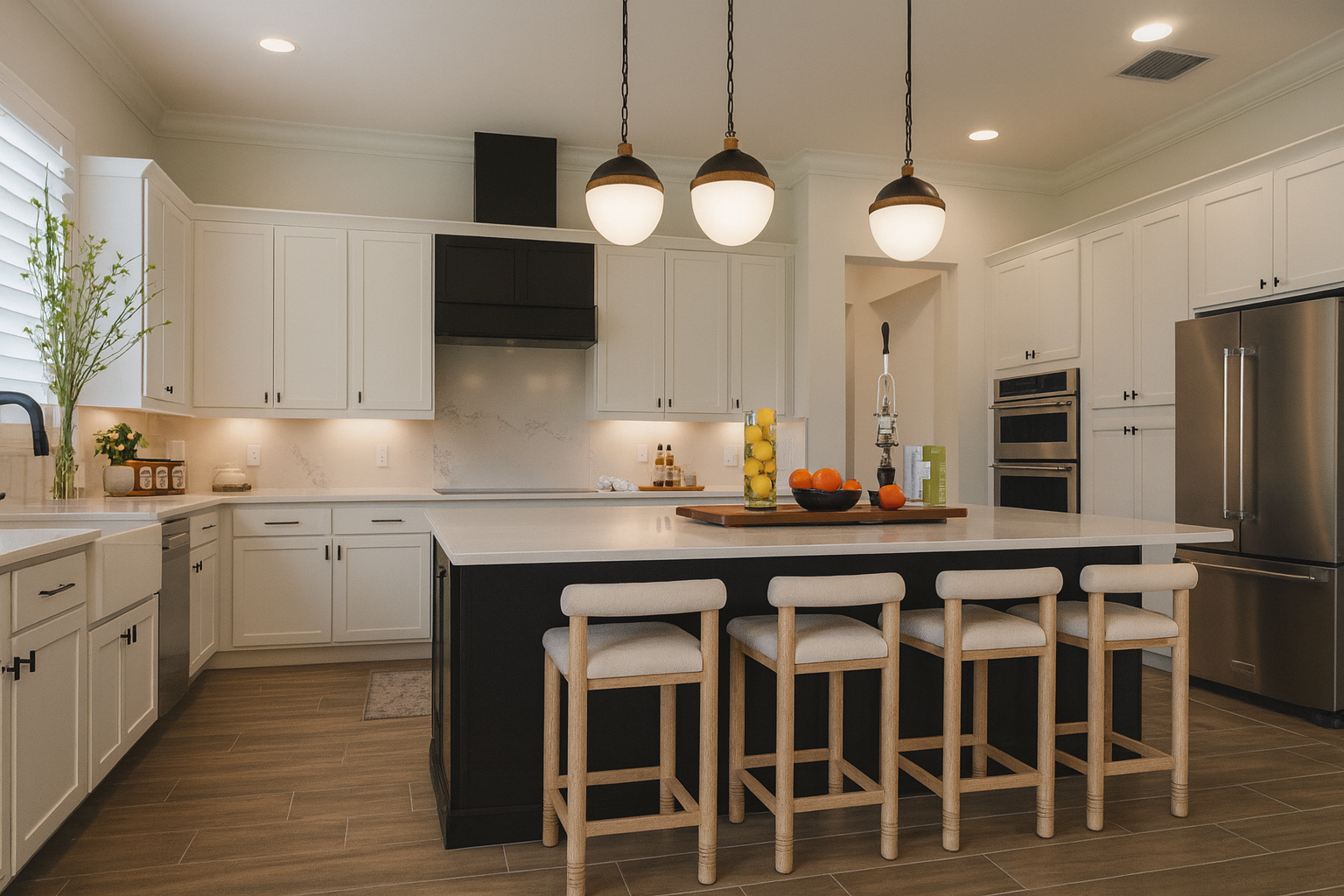 Modern kitchen with white cabinets, a black island, three pendant lights, and wooden barstools, decorated with fruit and plants.