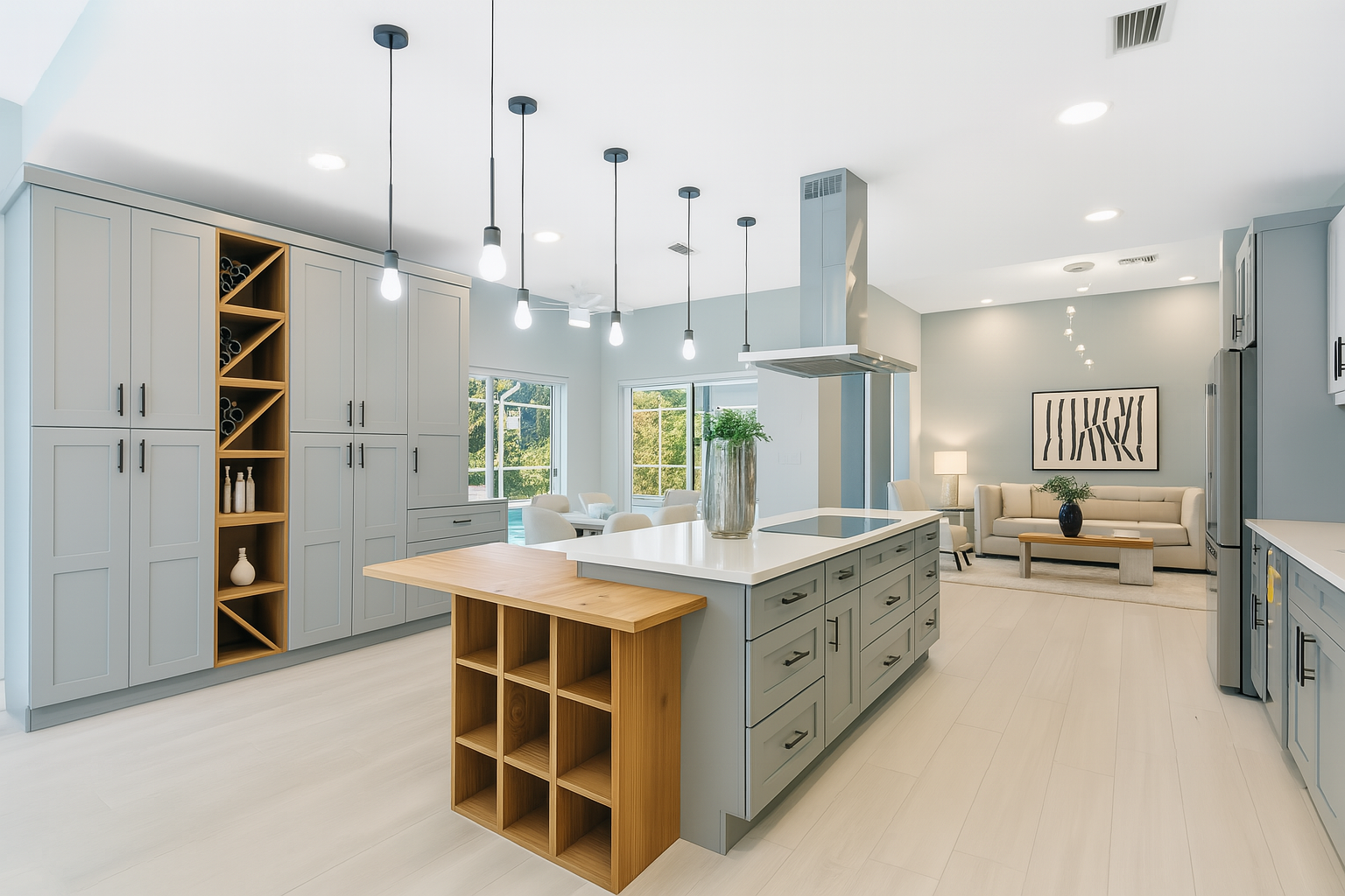 Modern open-concept kitchen and living room with light gray cabinetry, a central island with a white countertop, and a seating area with white sofas and artwork on the wall.