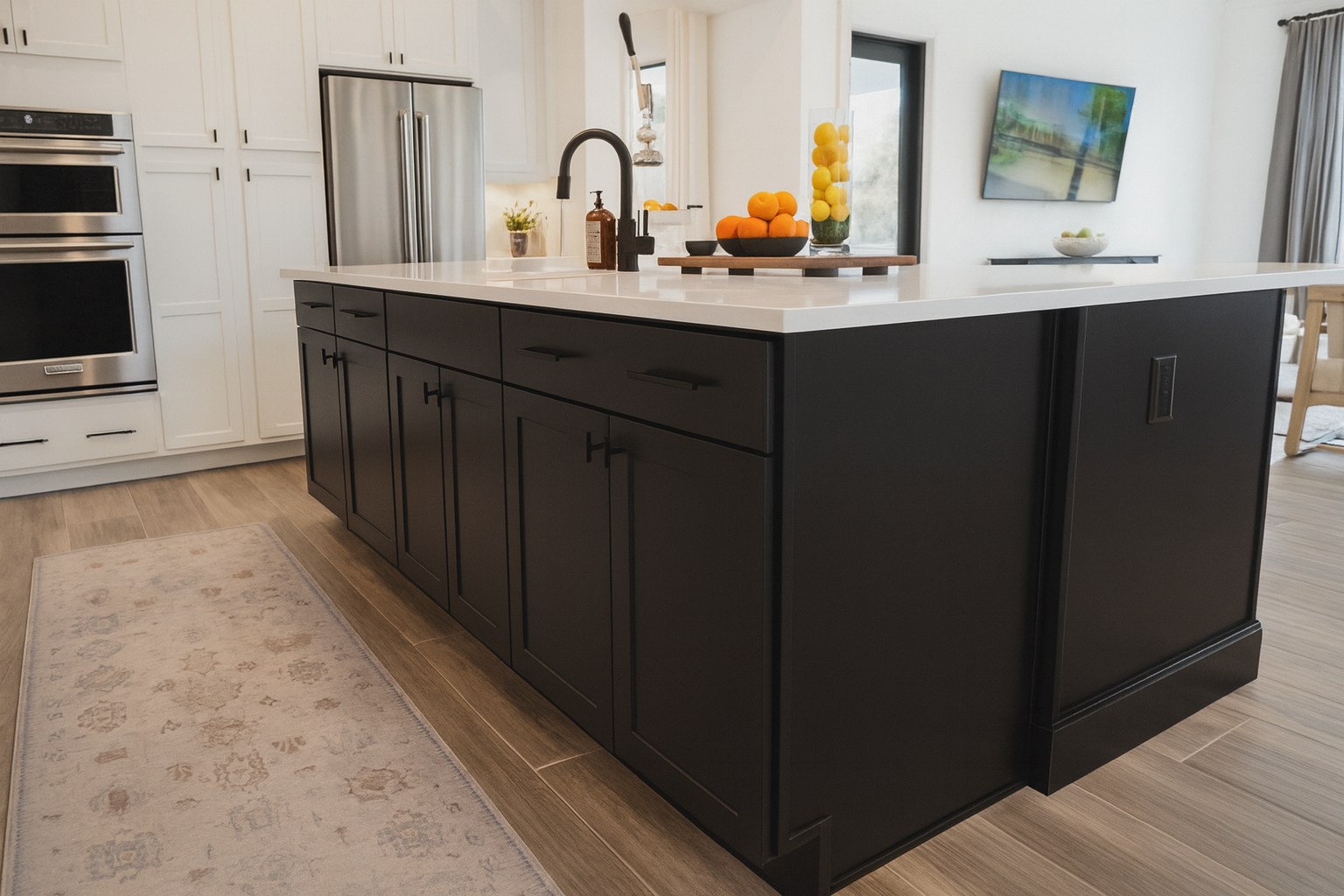 Modern kitchen with black island, white cabinets, stainless steel appliances, a wooden countertop, fruit bowl, and a wall-mounted TV.