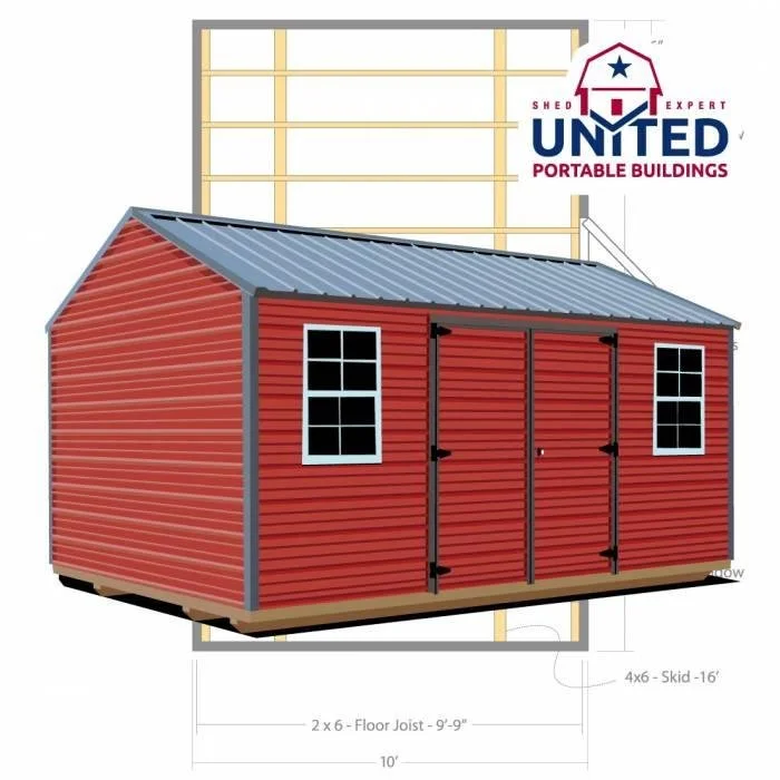 A red metal shed with two windows and double doors, built on a wooden platform, in front of a blueprint or design plan labeled 'United Portable Buildings'.