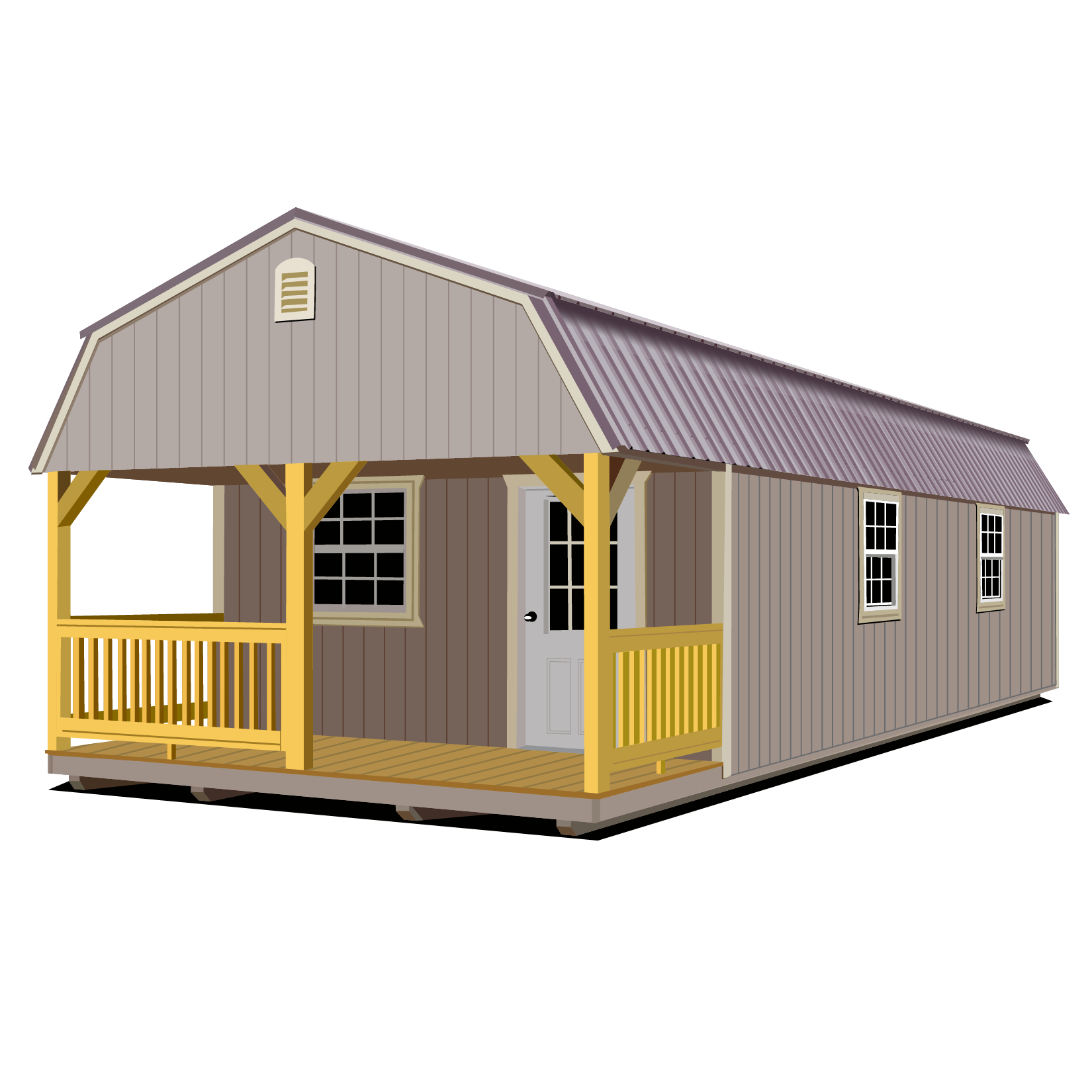 Illustration of a cabin with a small porch, wooden siding, and a metal roof, with three windows and a door.