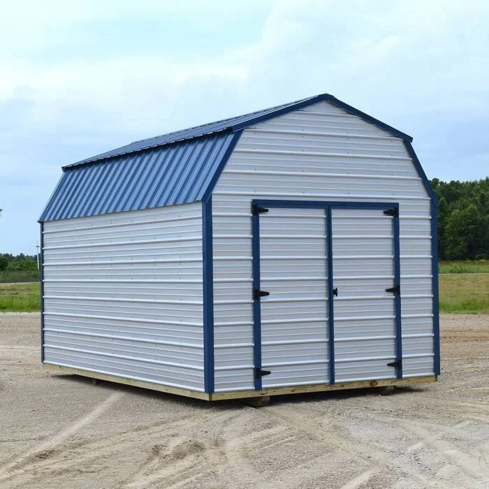 Small metal storage shed on a dirt ground with trees in the background.