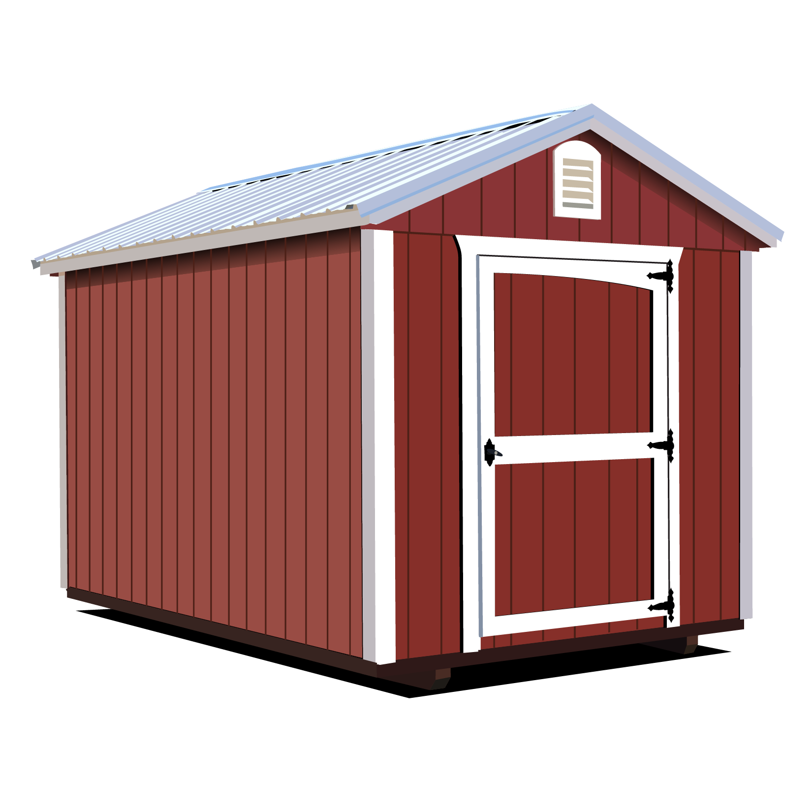 Digital illustration of a red wooden shed with a white-framed barn door and a small ventilation window at the top, with a metal roof.