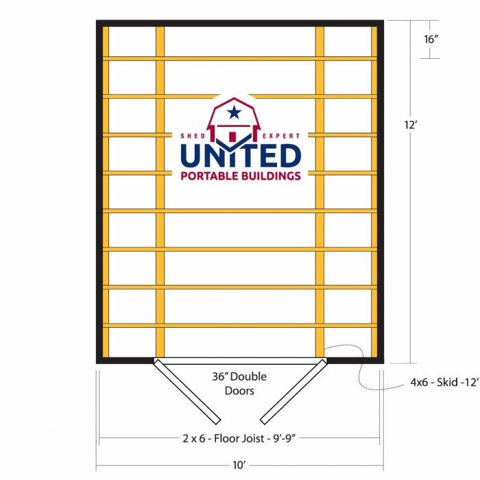 Blueprint of a portable building with dimensions, showing double doors, floor joist, and company logo for United Portable Buildings.