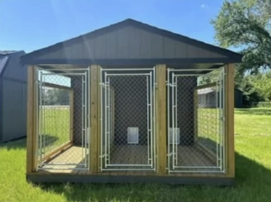 front view of a dog kennel with 3 wire framed windows with 4 wooden vertical beams separating them