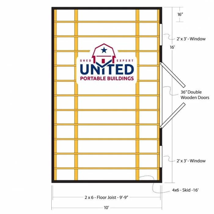 Diagram of a portable building frame showing measurements, windows, wooden doors, and door skids with a logo reading 'United Portable Buildings' in the center.