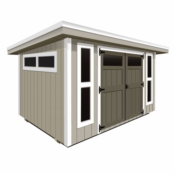 Digital illustration of a small outdoor shed with beige siding, white trim, a double barn-style door, and small horizontal windows.