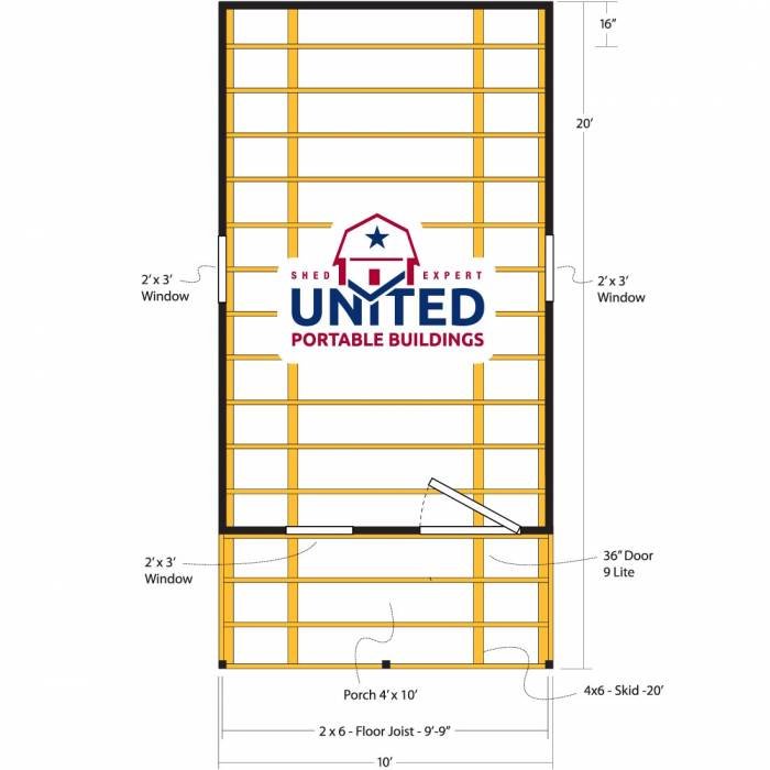 Blueprint of a portable building frame with windows, a door, porch, and flooring details.