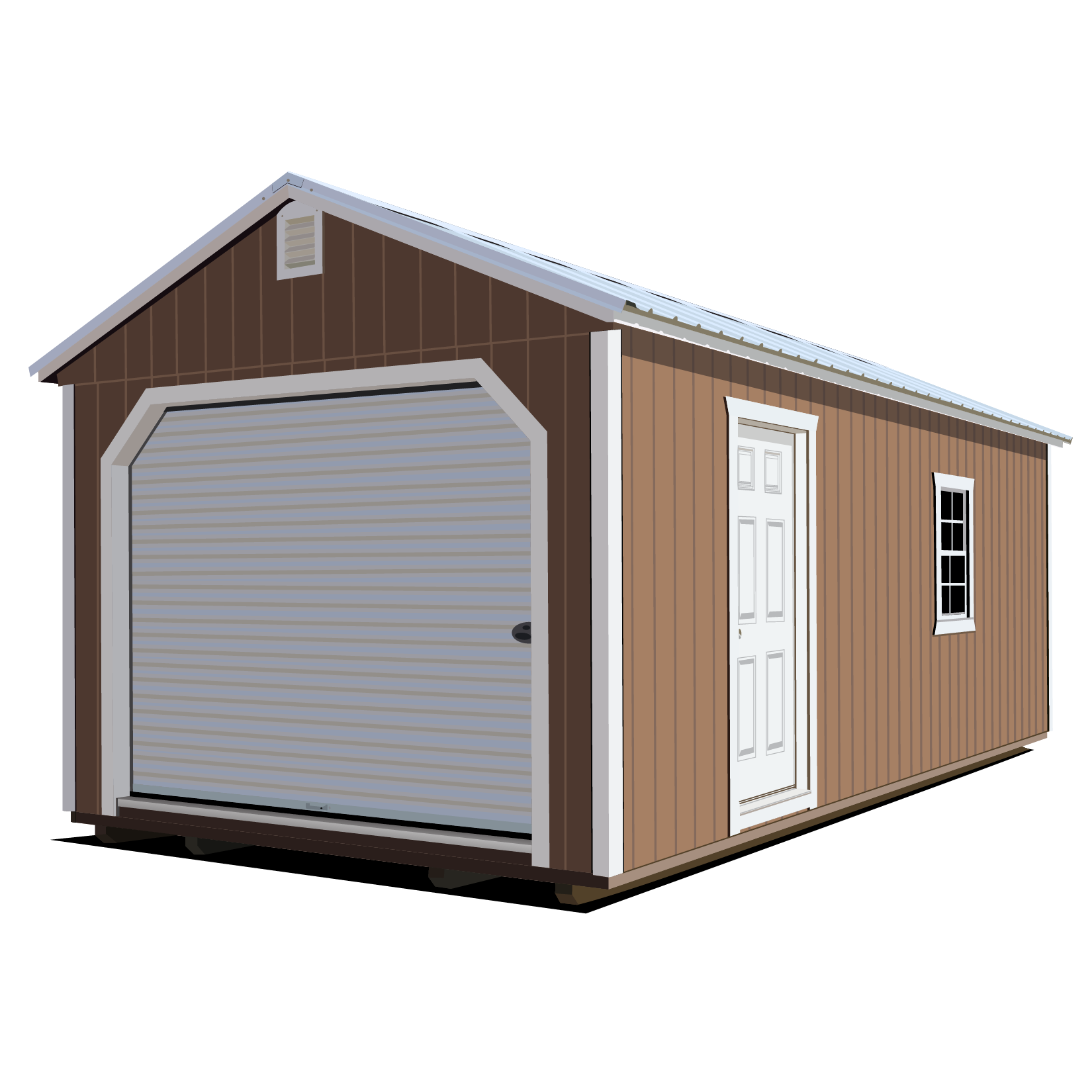 Digital illustration of a small wooden garage with a white door and window