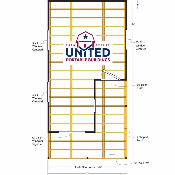 Floor plan of a portable building with dimensions and features labeled, including windows, door, porch, and floor joist.