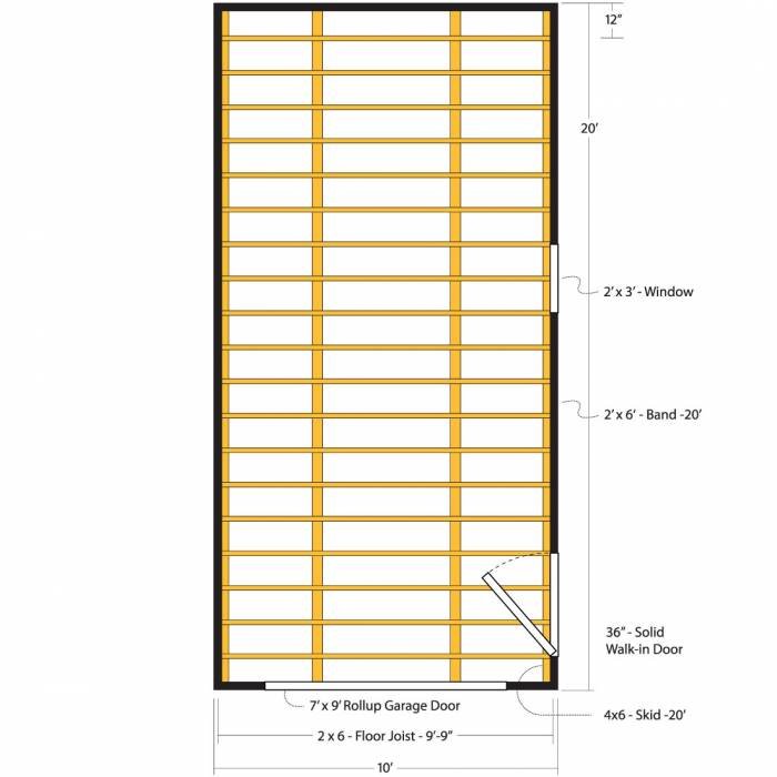A detailed floor plan of a rectangular building, showing measurements and construction elements such as windows, doors, and joists.