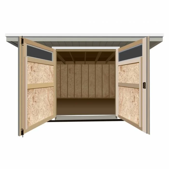An empty storage shed with open double doors, showing an unfinished interior with exposed wooden wall studs and a plywood floor.