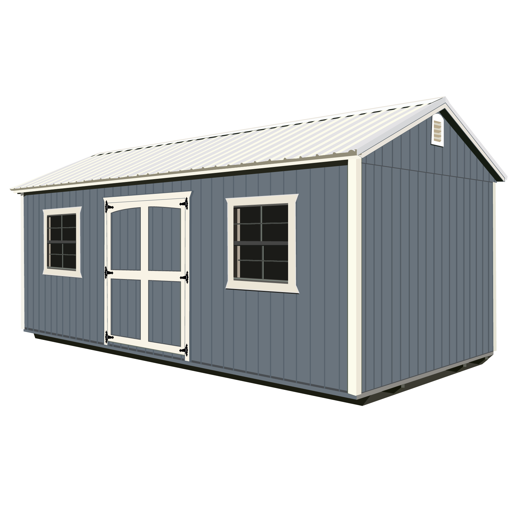 A 3D illustration of a small blue shed with white trim, two windows with black bars, and a white double door.