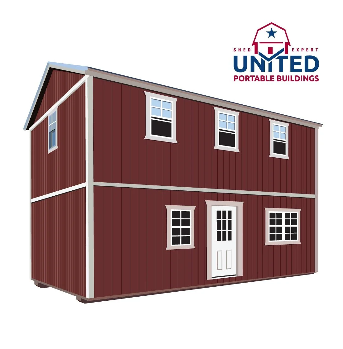 A red portable 2 story building with white trim and four windows, with a logo of a shed and the words 'United Portable Buildings' in the top right corner.