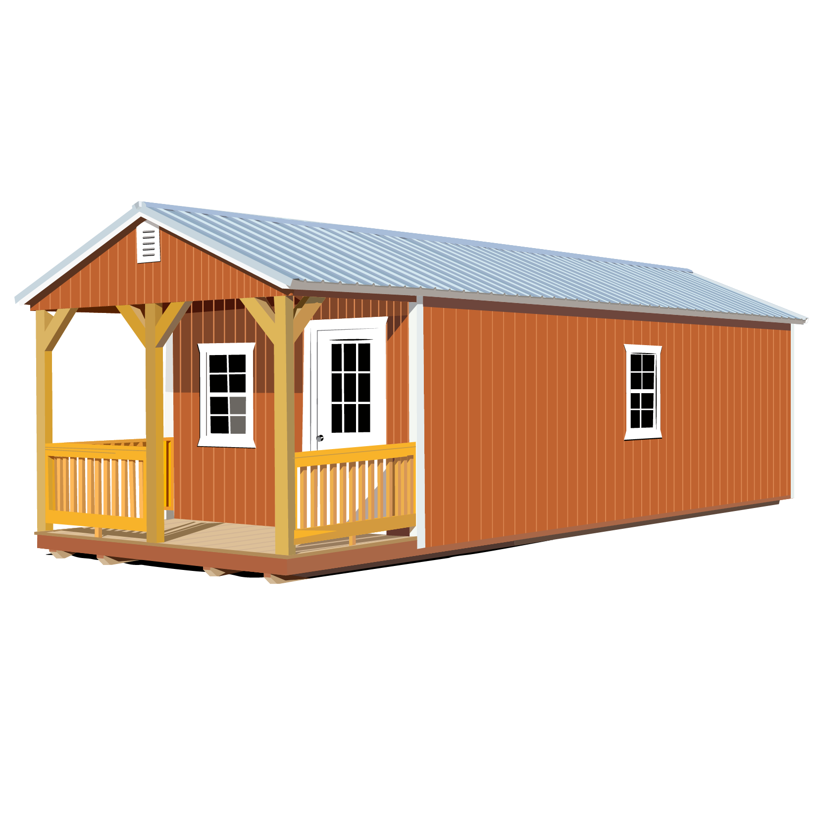 A small wooden cabin with a porch, metal roof, and two windows.