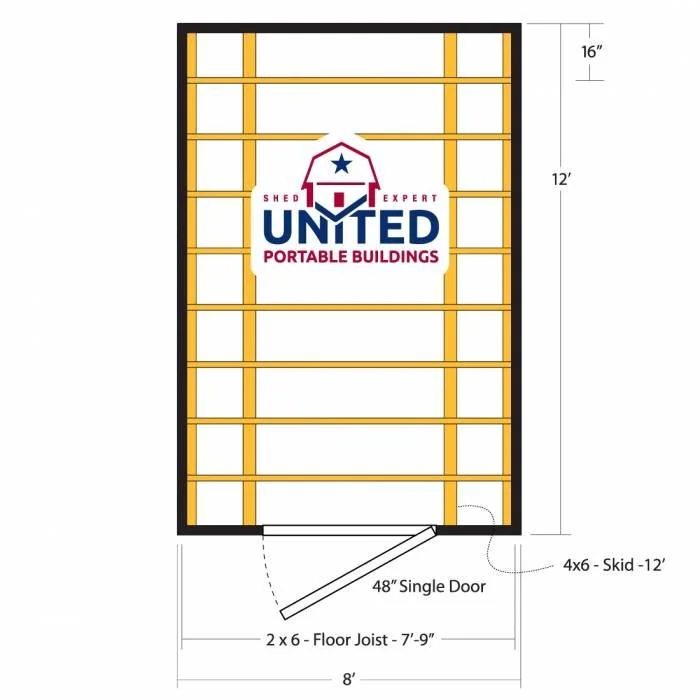 Layout of a portable building with dimensions, showing a single door, wooden floor joists, and a logo for United Portable Buildings on the wall.