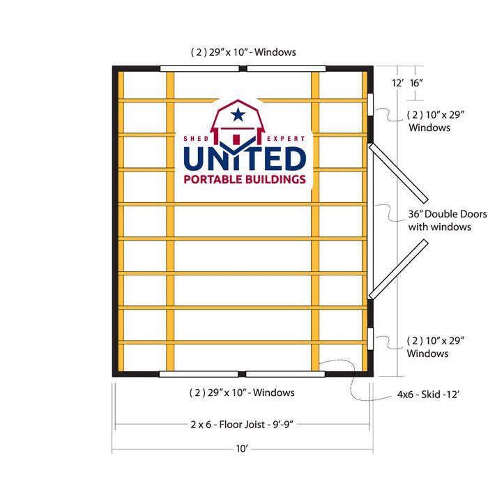 Diagram of a portable building's floor plan with measurements, windows, double doors, and logo for United Portable Buildings.