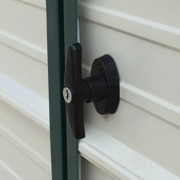 Close-up of a black door latch on a white garage door.