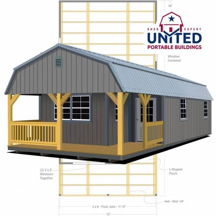 Digital rendering of a gray cabin with a metal roof, a covered porch with brown railing and support beams, and windows on each side. The image includes a blueprint with measurements and branding for United Portable Buildings.