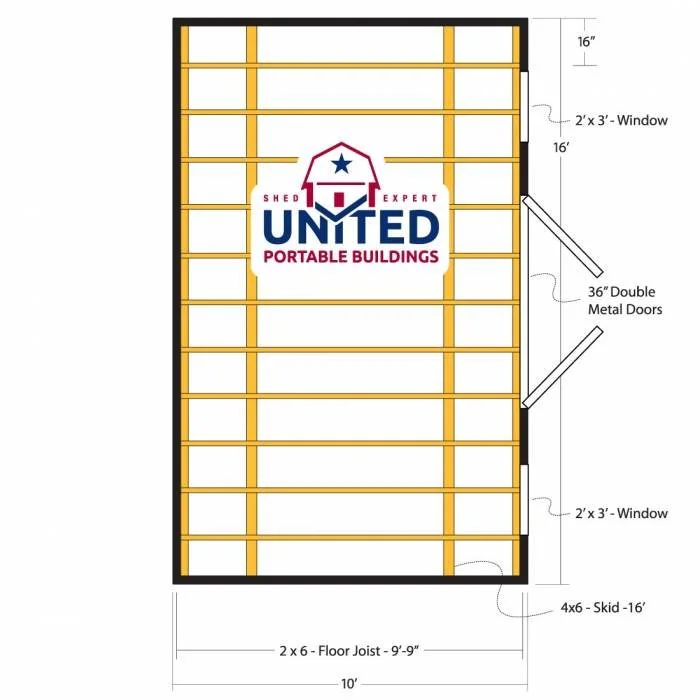 A blueprint of a portable building side view with dimensions, showing two 2x3 windows, a 36-inch double metal door, a 2x6 floor joist, and a 4x6 skid. The blueprint has a logo with a red and blue house and the words 'United Portable Buildings'.
