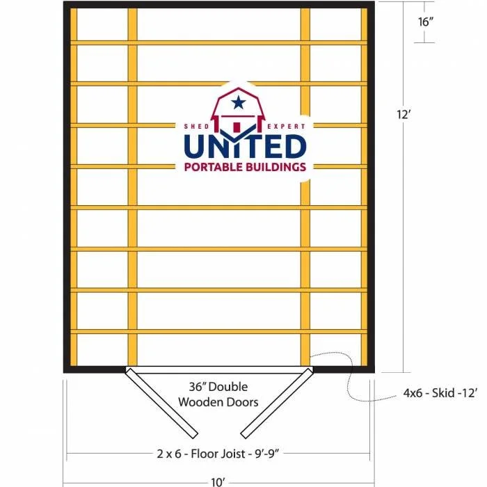 Floor plan of a portable building with double wooden doors at the front, dimensions and construction details, and a U.S. United Portable Buildings logo in the center.