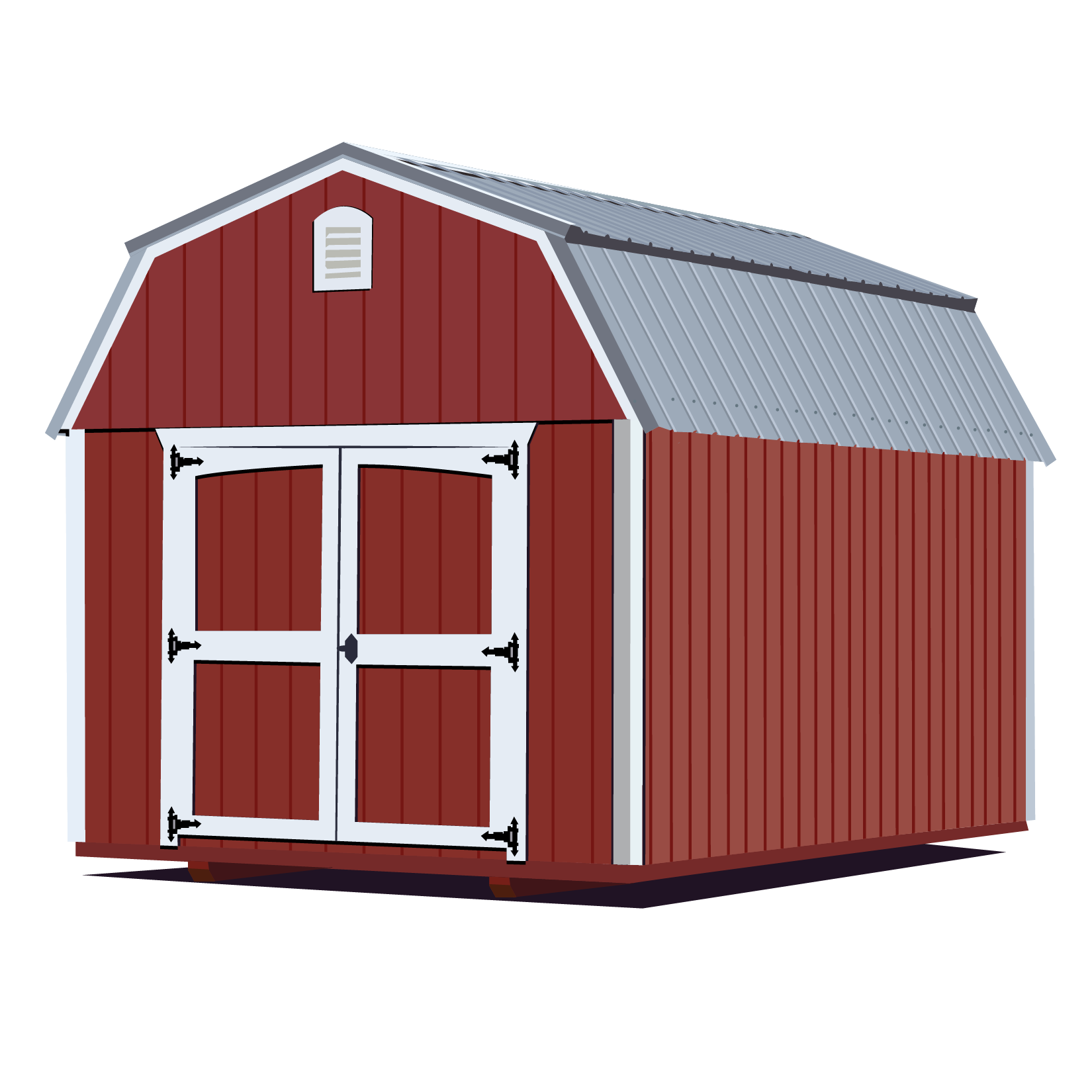 Red barn with white double doors and gray metal roof, side view.