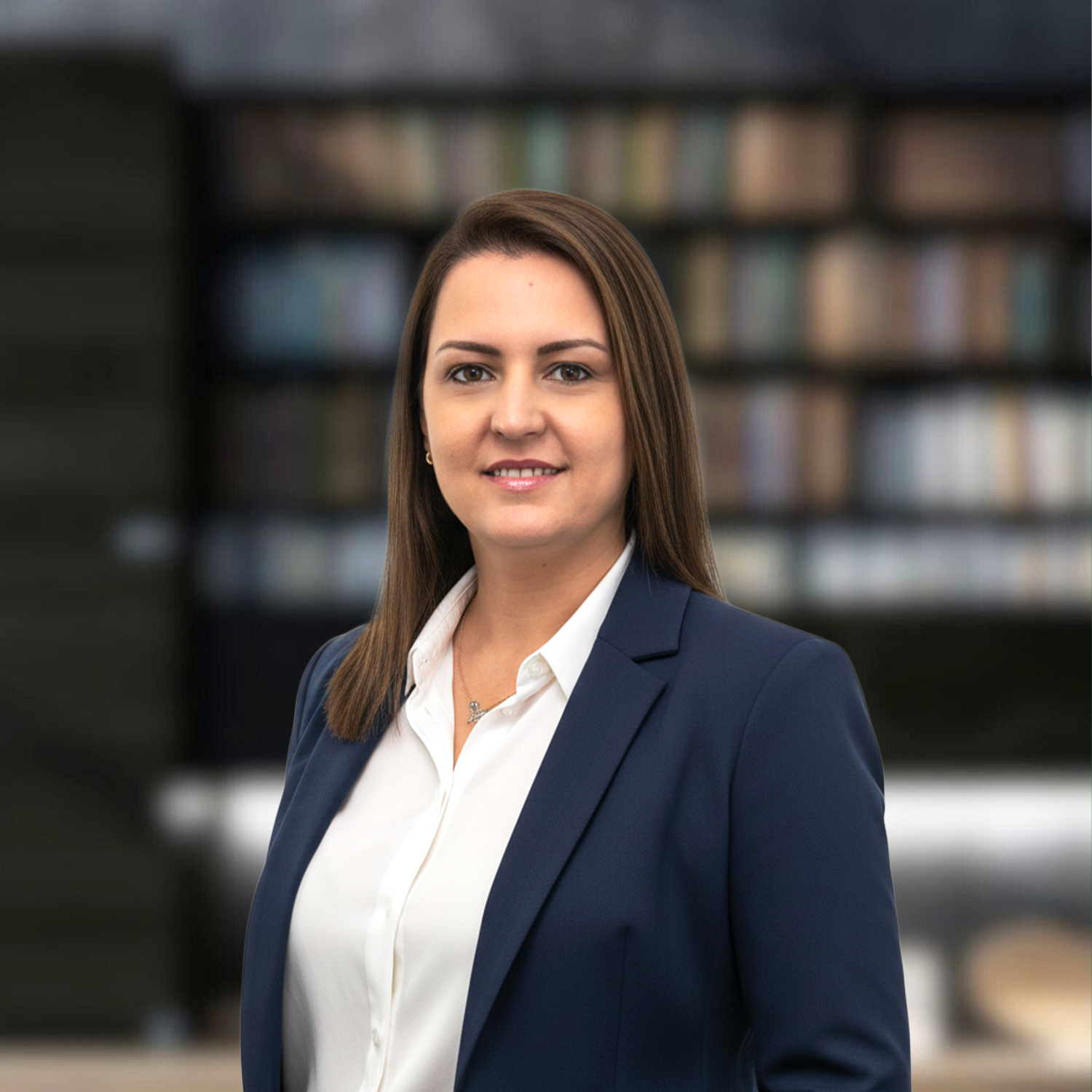 A woman smiling in front of a blurred bookshelf background.