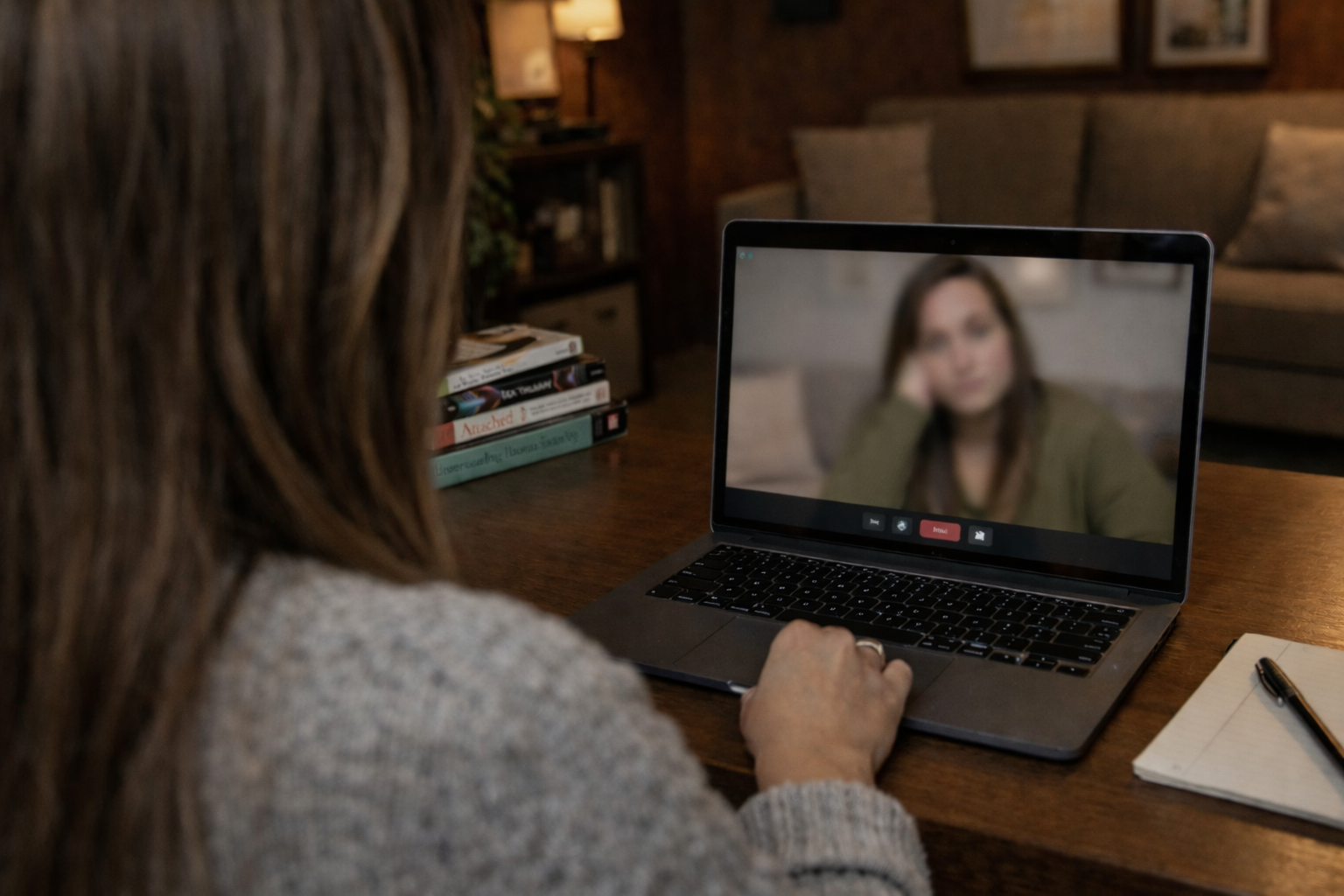 Person with long brown hair participating in a video call on a laptop, her face blurred on the screen. The scene is set in a cozy room with books and a notepad on the table.