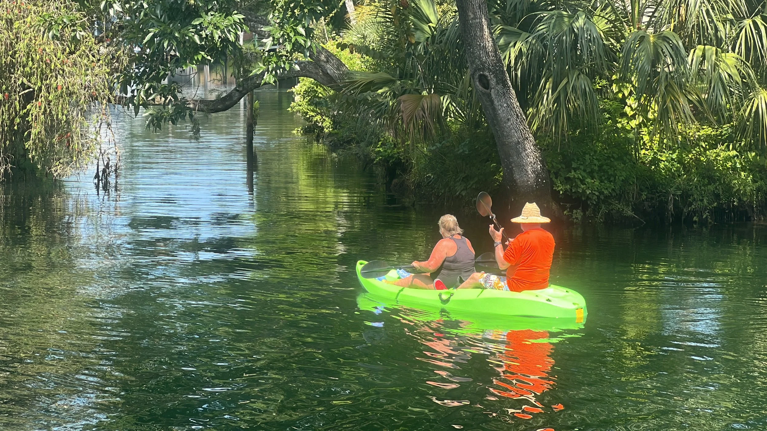 Two people on a tandum kayak on river near trees