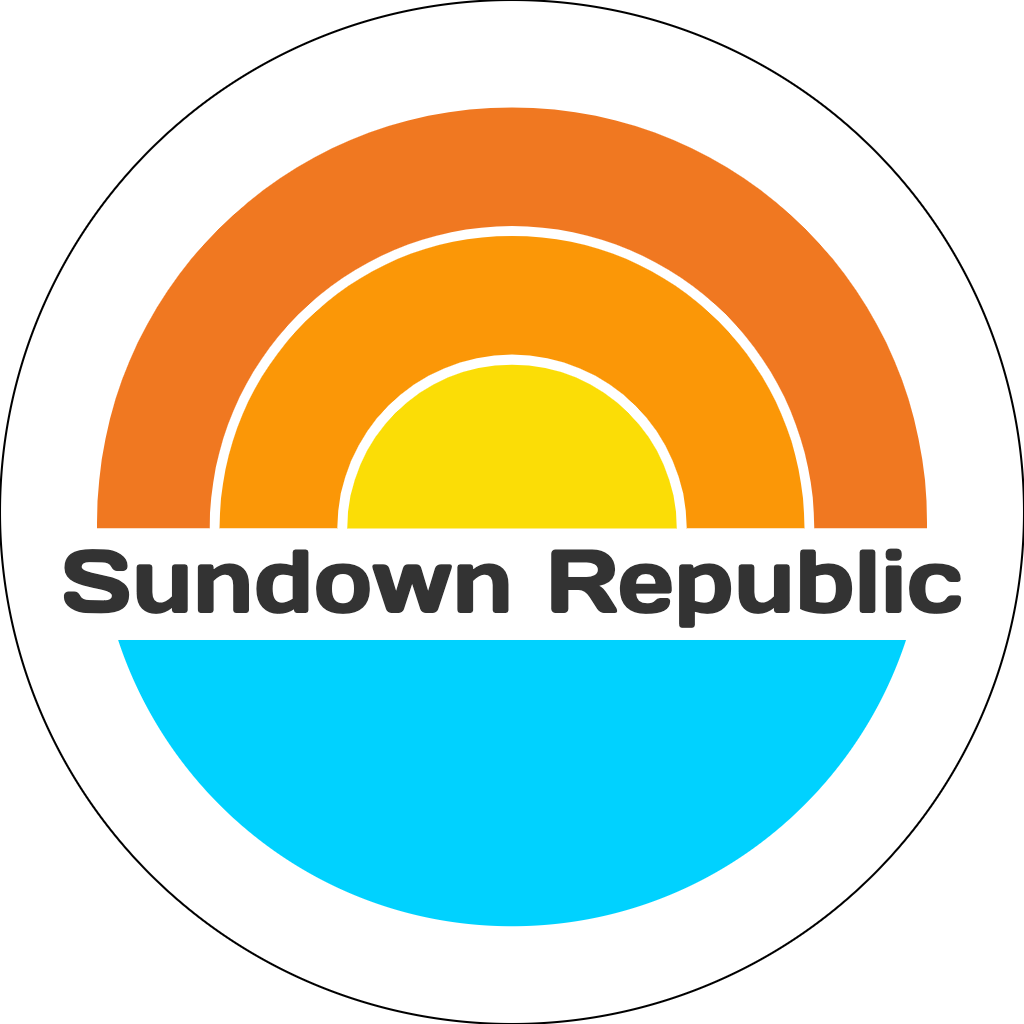 Circle logo with sun setting into blue water graphic and 'Sundown Republic' in the middle