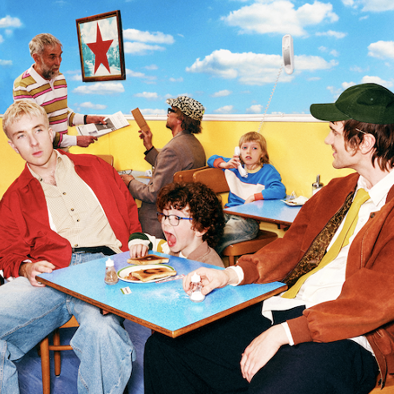 Good Neighbours debut album 'Blue Sky Mentality' cover artwork, showing a child at a table with the band sitting either side, with bright blue, red and yellow colours