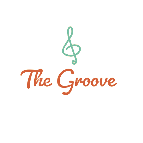 A logo featuring a teal musical treble clef and the text "The Groove" in orange script font