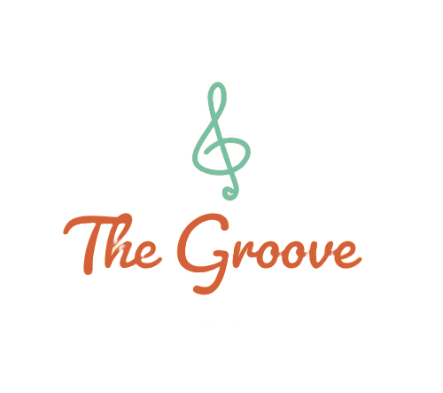 A music-themed logo with a treble clef symbol above the words "The Groove" in stylized orange and red font, set against a black background.