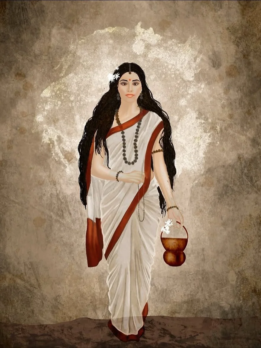📿 Devi Brahmacharini 📿
Brahmacharini is the form of Para-Shakti as young Parvati during Her practice of severe austerities to attain Lord Shiva as Her husband. She is the ideal disciple and sadhaka. She is visualized as barefooted,
holding a pot o