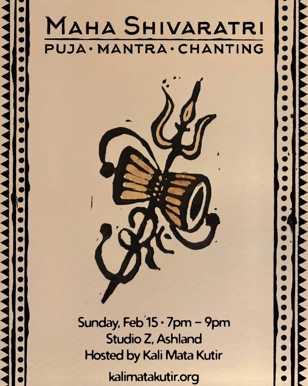 Mahadev!! 

Come celebrate MahaShivaratri with us in Ashland, Oregon!!

Puja &bull; Kirtan &bull; 108 names &bull; Shiva bathing 

Sunday evening - February 15 - 7-9 pm 
at Studio Z in Ashland 

🔱🌙🌑🌙🔱

Flyer art by @thoughtandfancy (and @jateshw