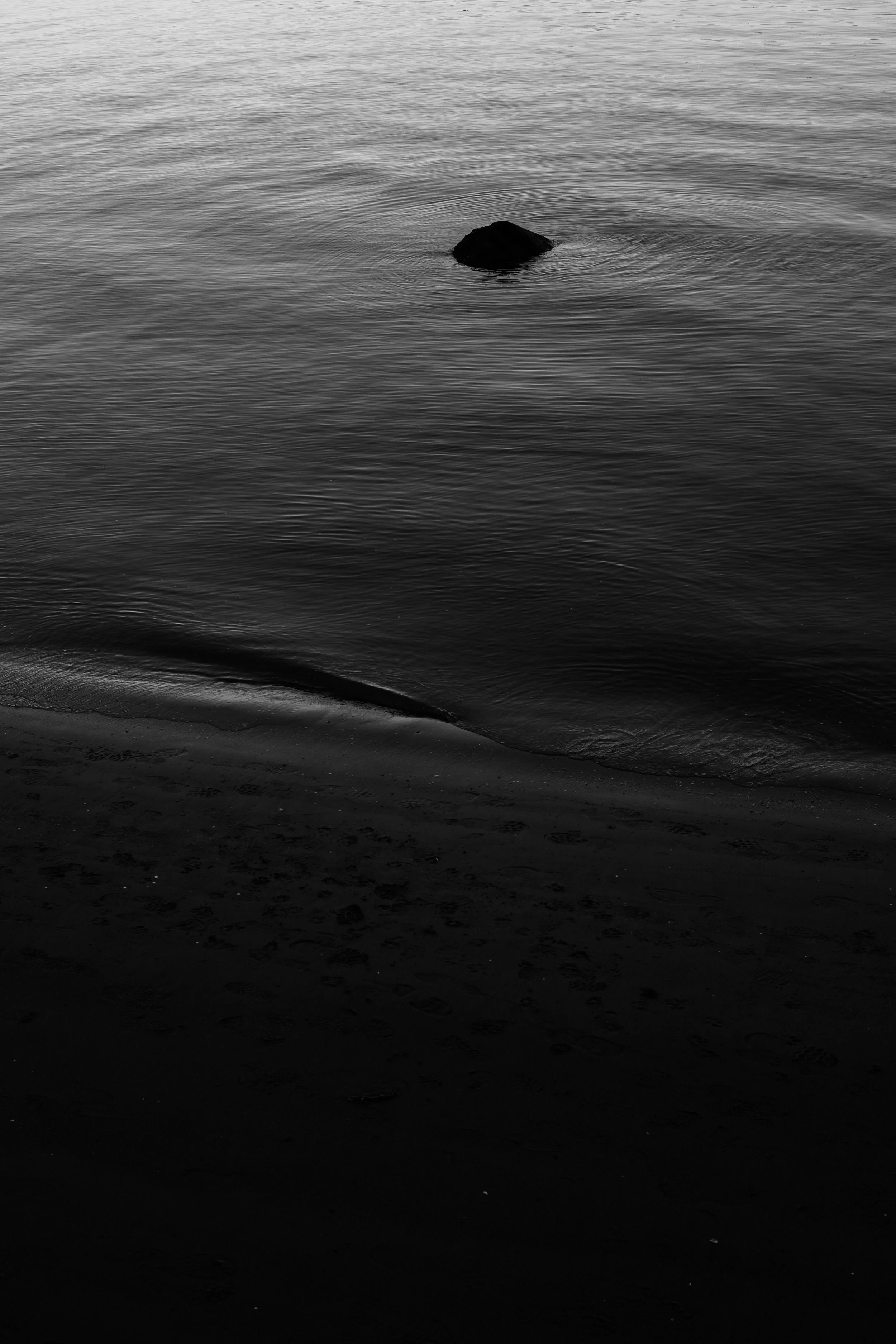 Black and white photo of a solitary rock in calm water near a dark sandy shoreline.