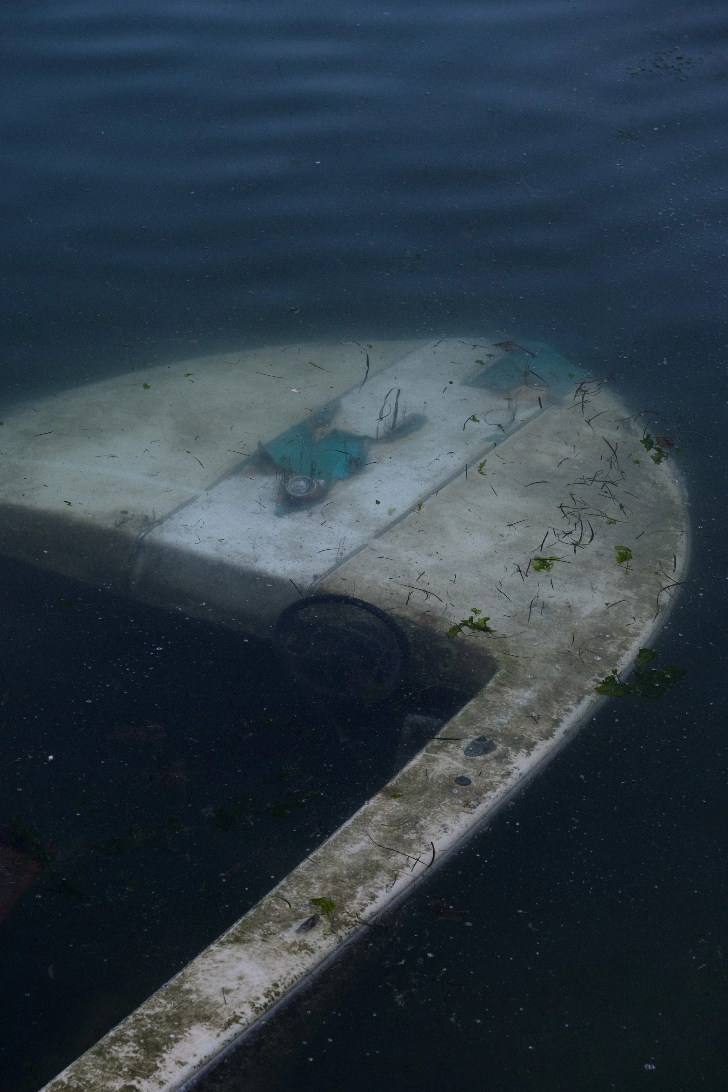 Underwater view of a partially submerged boat or similar structure with a paddle or oar, surrounded by water with some algae and debris.