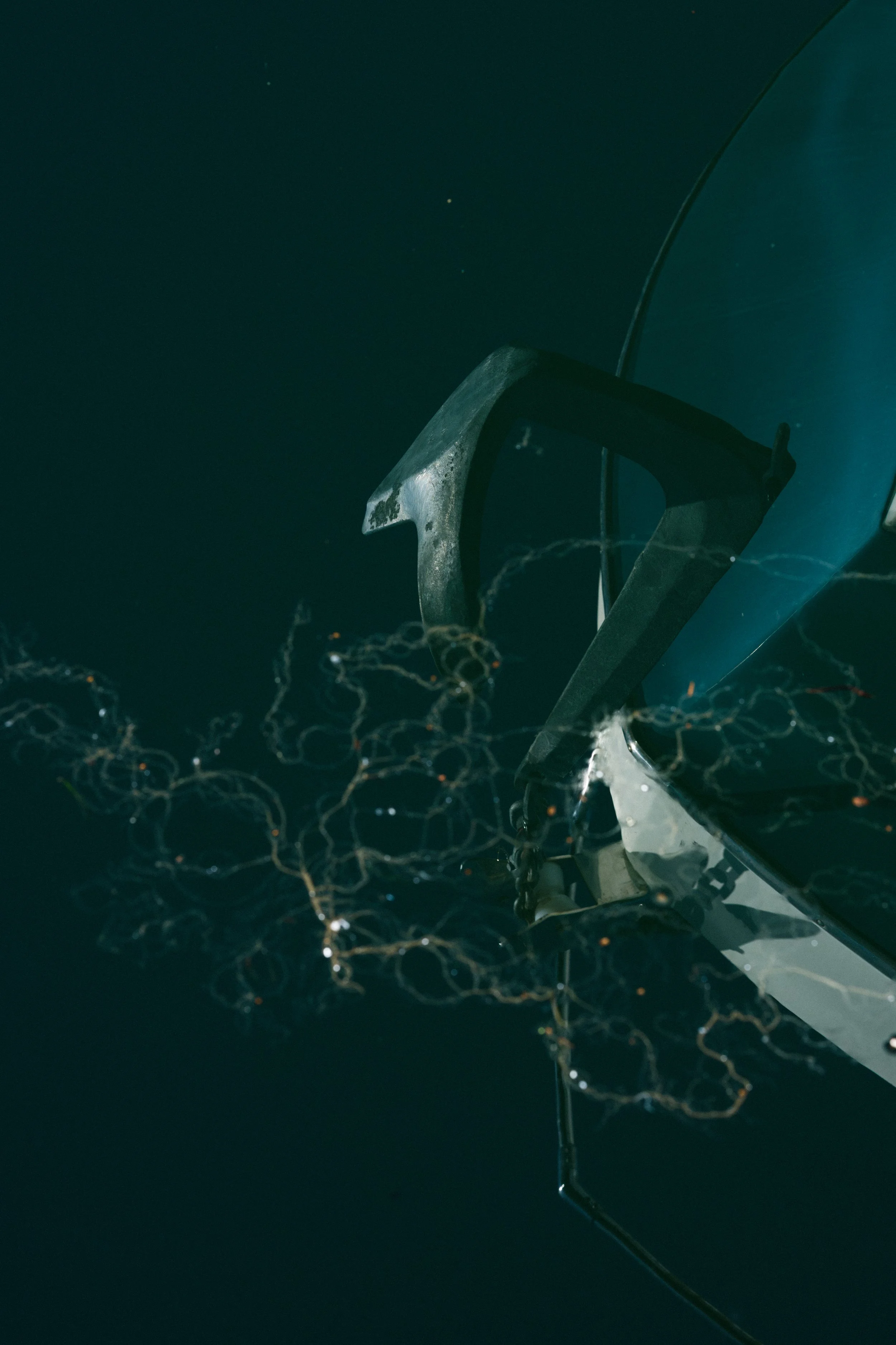 An underwater scene showing a submerged boat propeller with seaweed and coral hanging from it, with a dark ocean background.