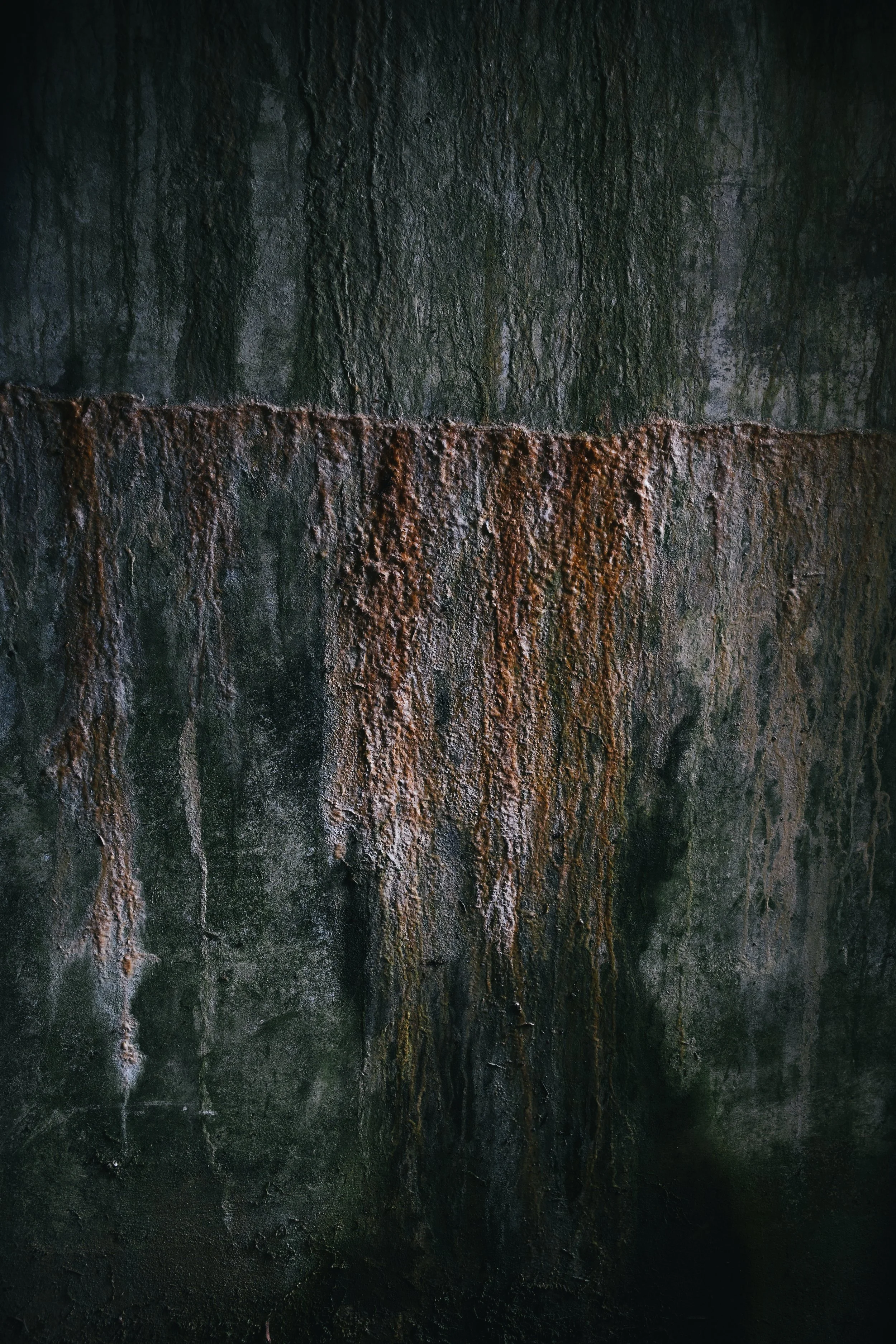 Close-up of a dirty, moss-covered concrete wall with rust stains.