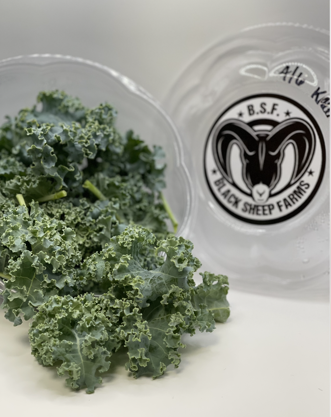 Fresh kale leaves in a clear plastic container with a black and white logo from Black Sheep Farms.