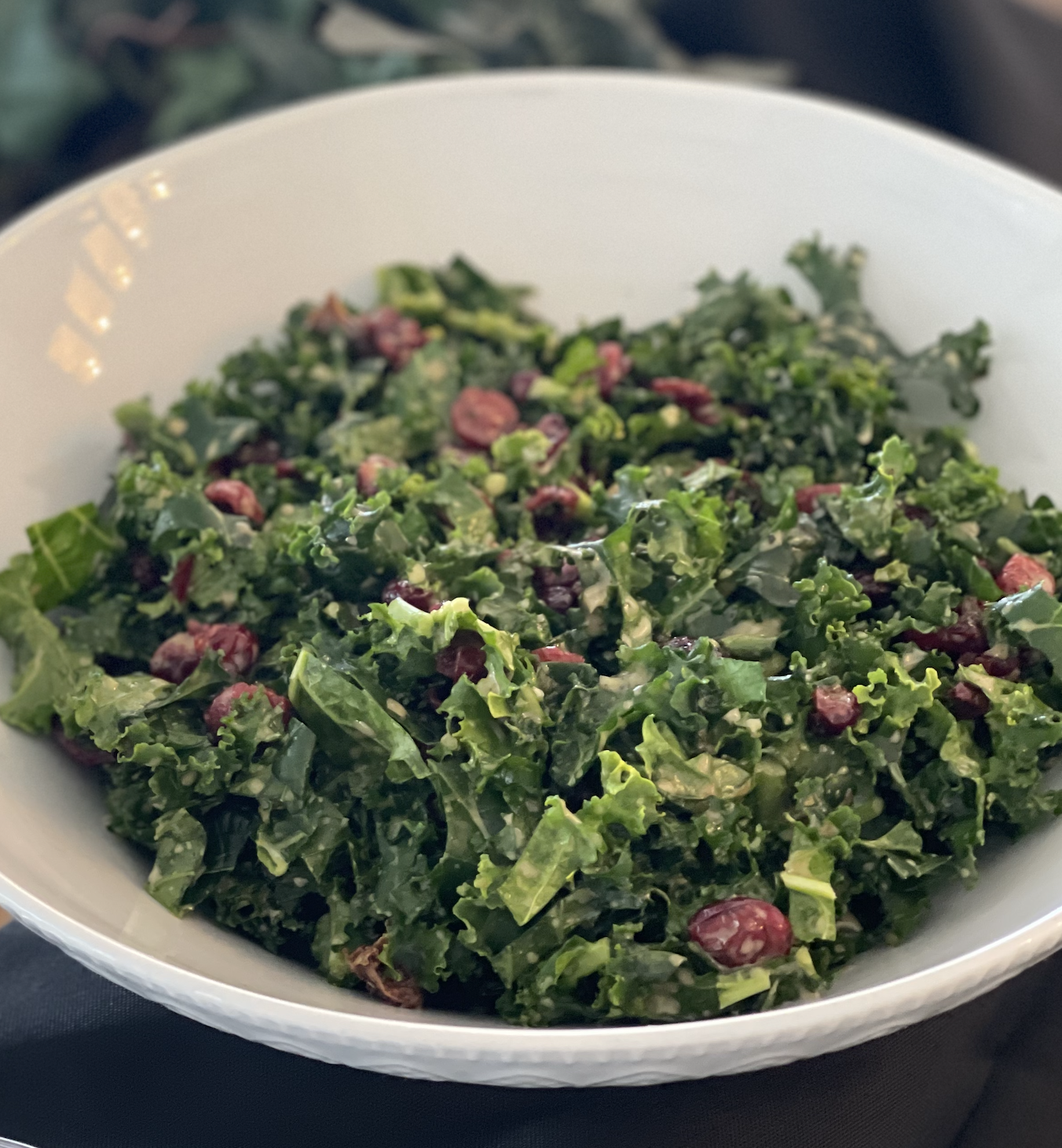 Bowl of kale salad with dried cranberries.