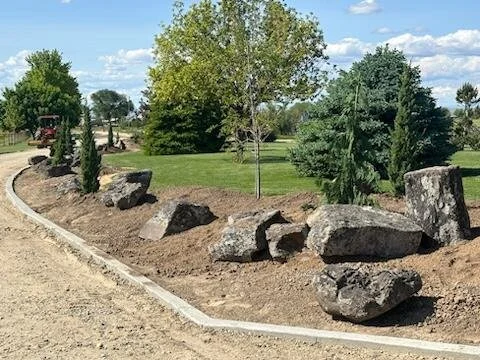 A landscaped area with large rocks, small trees, and grass in a park or garden.