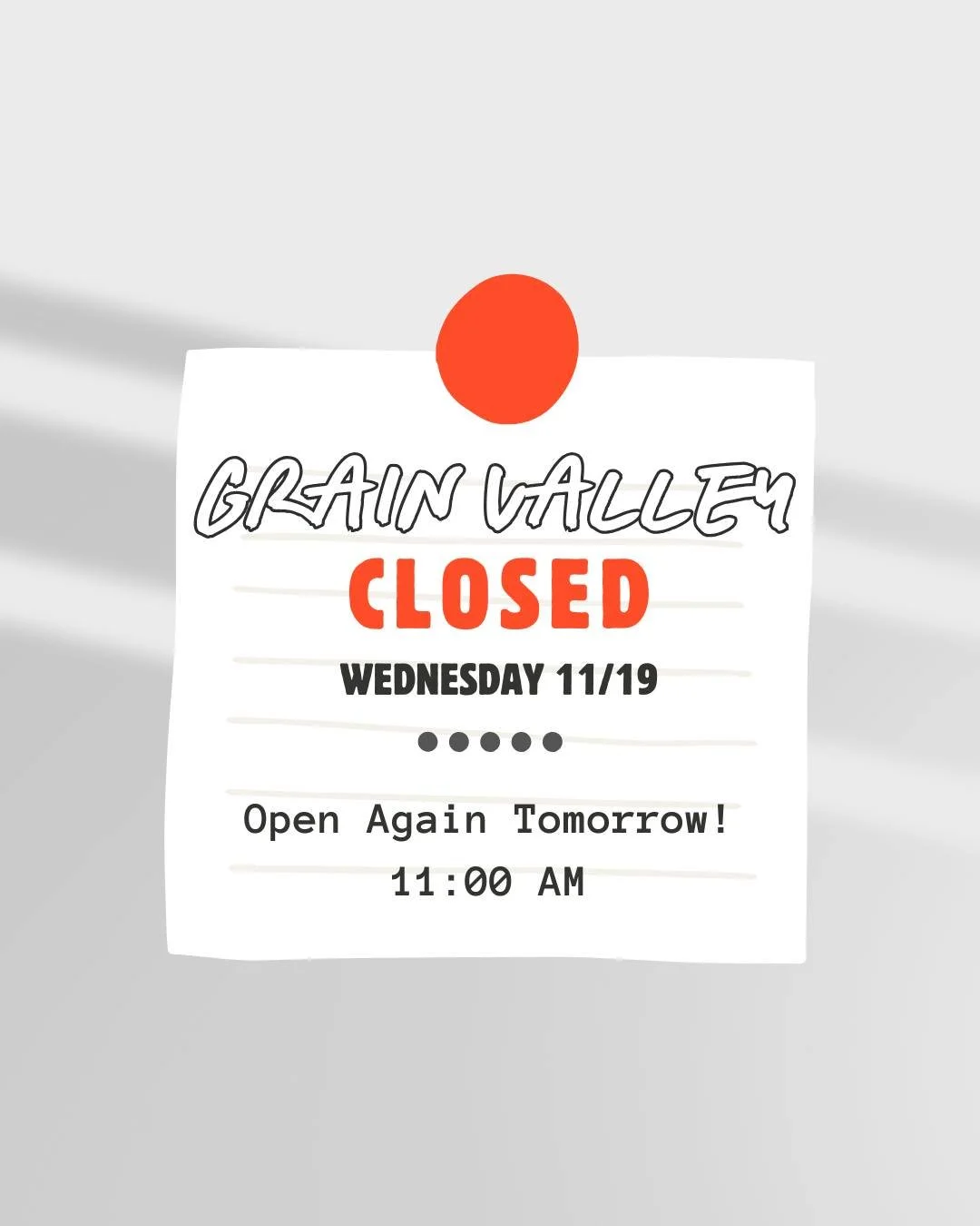 🚨 Maintenance alert! 🚧 Our Grain Valley location is taking a temporary timeout today to get its sparkle back and prep for the holidays! 💫 
We'll be back to our usual 11 am shenanigans tomorrow! 😊 
Thanks for bearing with us! 

**Grain Valley loca
