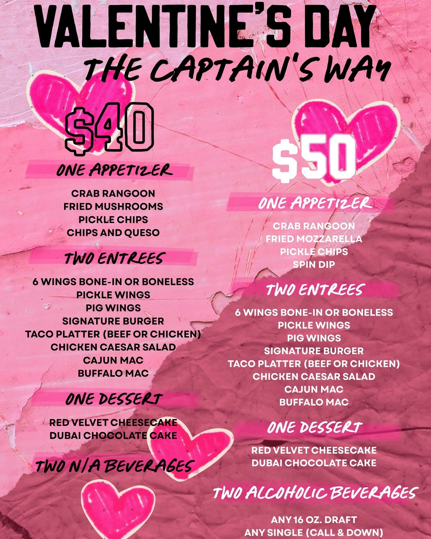 Lunch or dinner for two on 🩷🩷🩷 day! #captainsSL #valentinesday

**not available at the Lake Lotawana location**