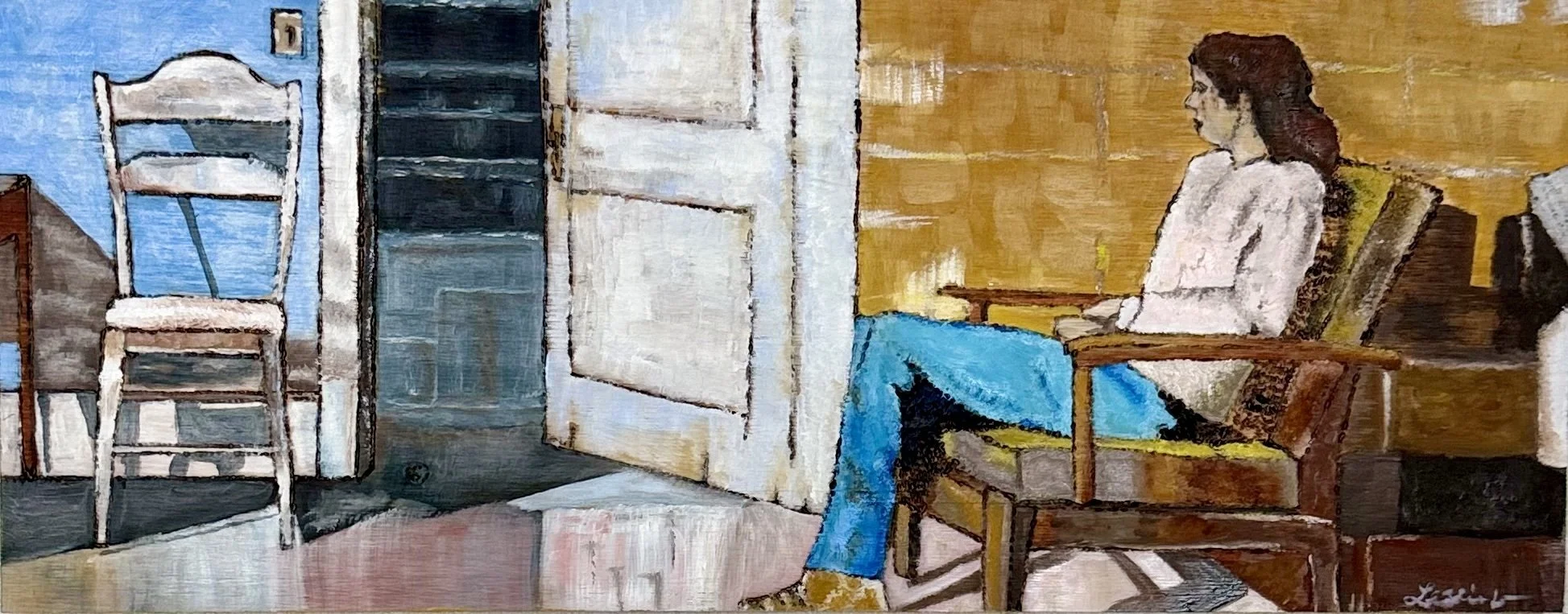 Original oil and pyrography painting on pine board, 8x20 inches, figurative interior scene with woman seated in chair, warm amber and cool blue tones, by Texas artist Leslie Wisenbaker