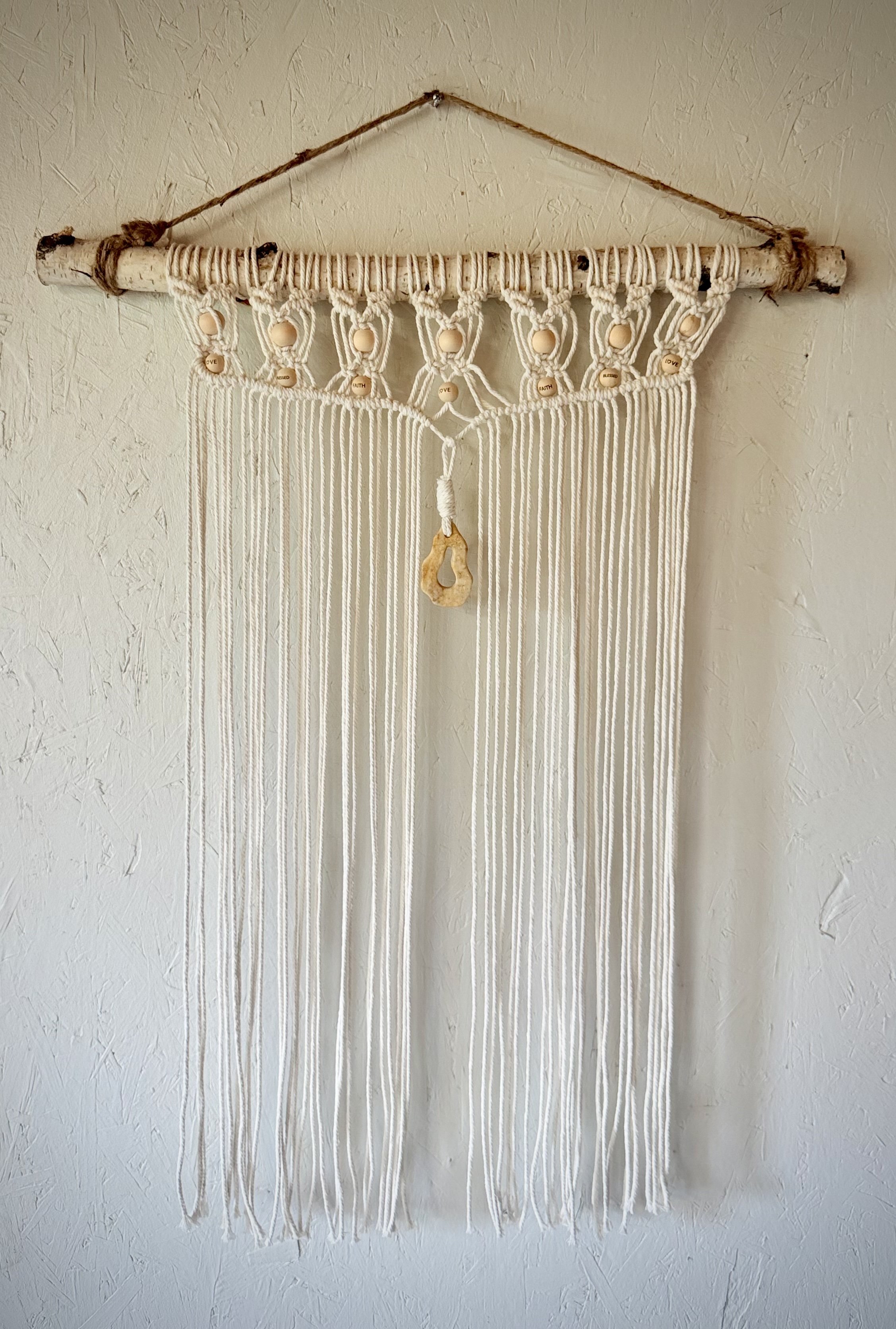 Handmade Macramé Wall Hanging with Natural Wood & Gemstone Accent