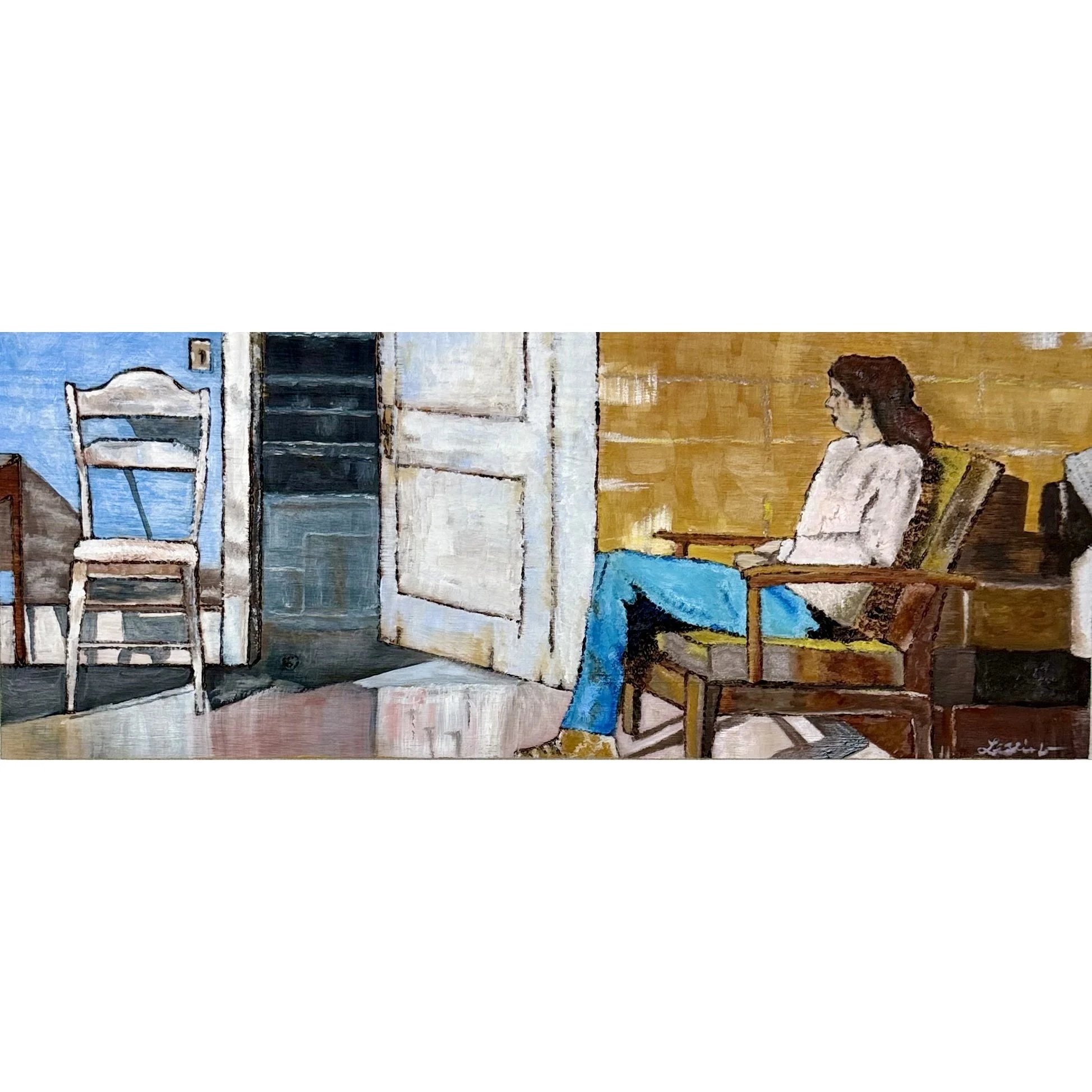 Waiting — Original Oil and Pyrography Painting on Wood | Figurative Interior Art | 8x20