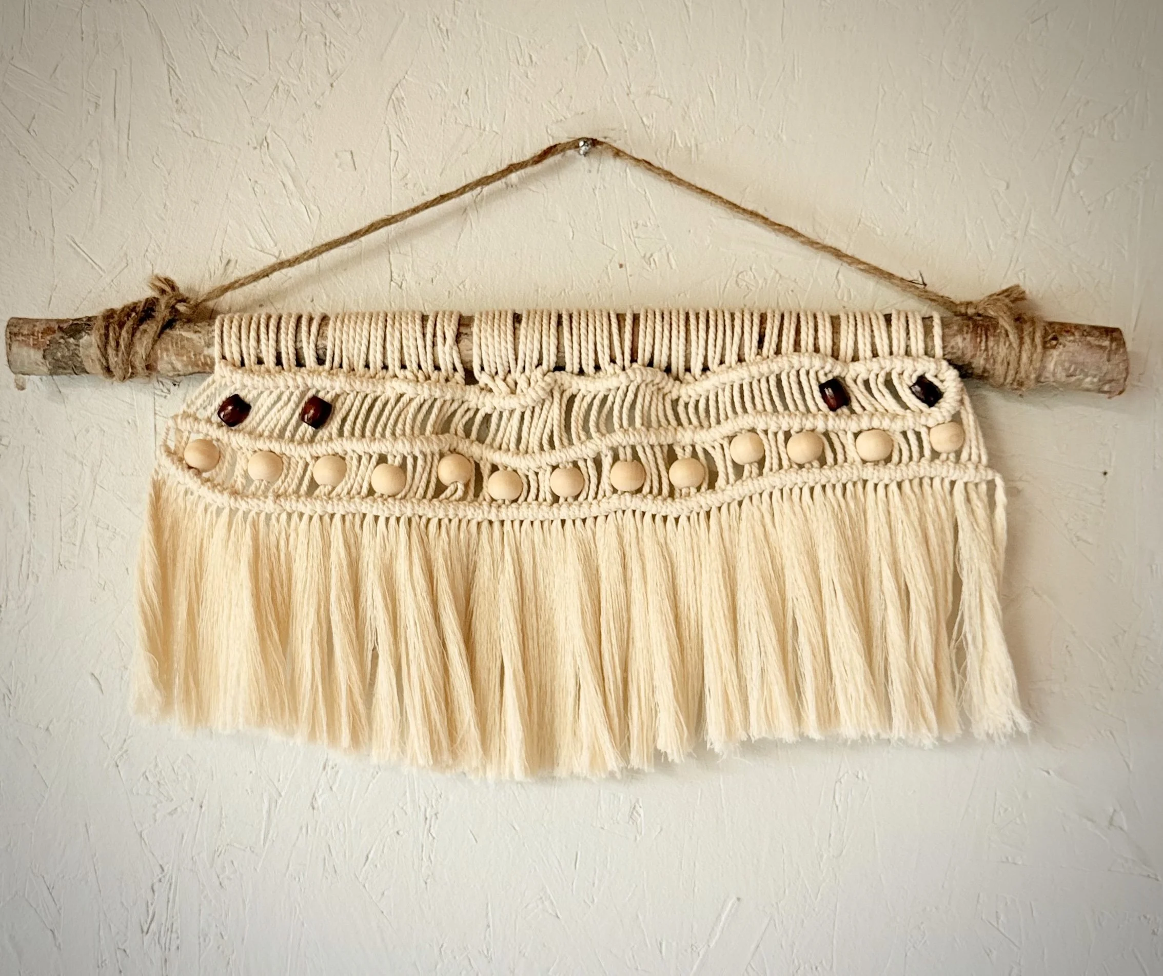 Handmade Macramé Wall Hanging – Boho Natural Cotton Fiber Art (24" x 10") | Small Neutral Home Decor