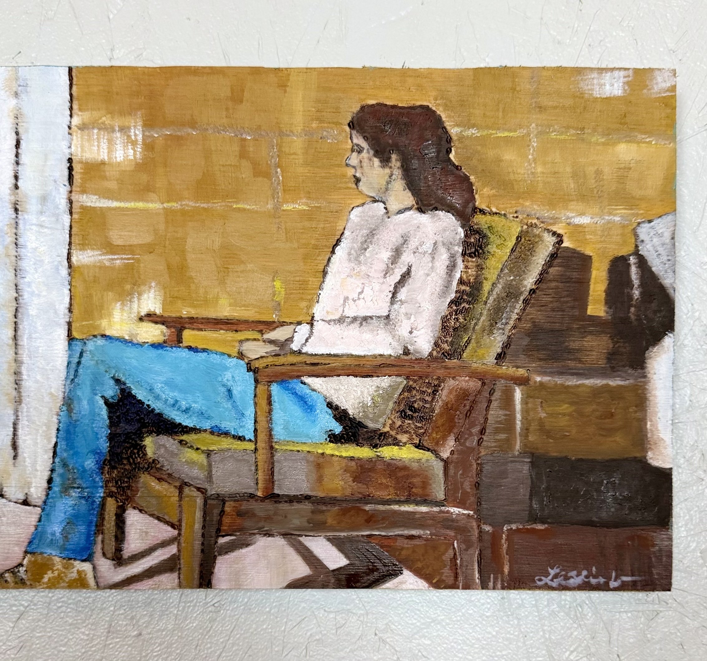 Close-up detail of original oil painting showing woman seated in wooden chair, pyrography line work visible beneath oil paint, warm golden background, figurative art for sale