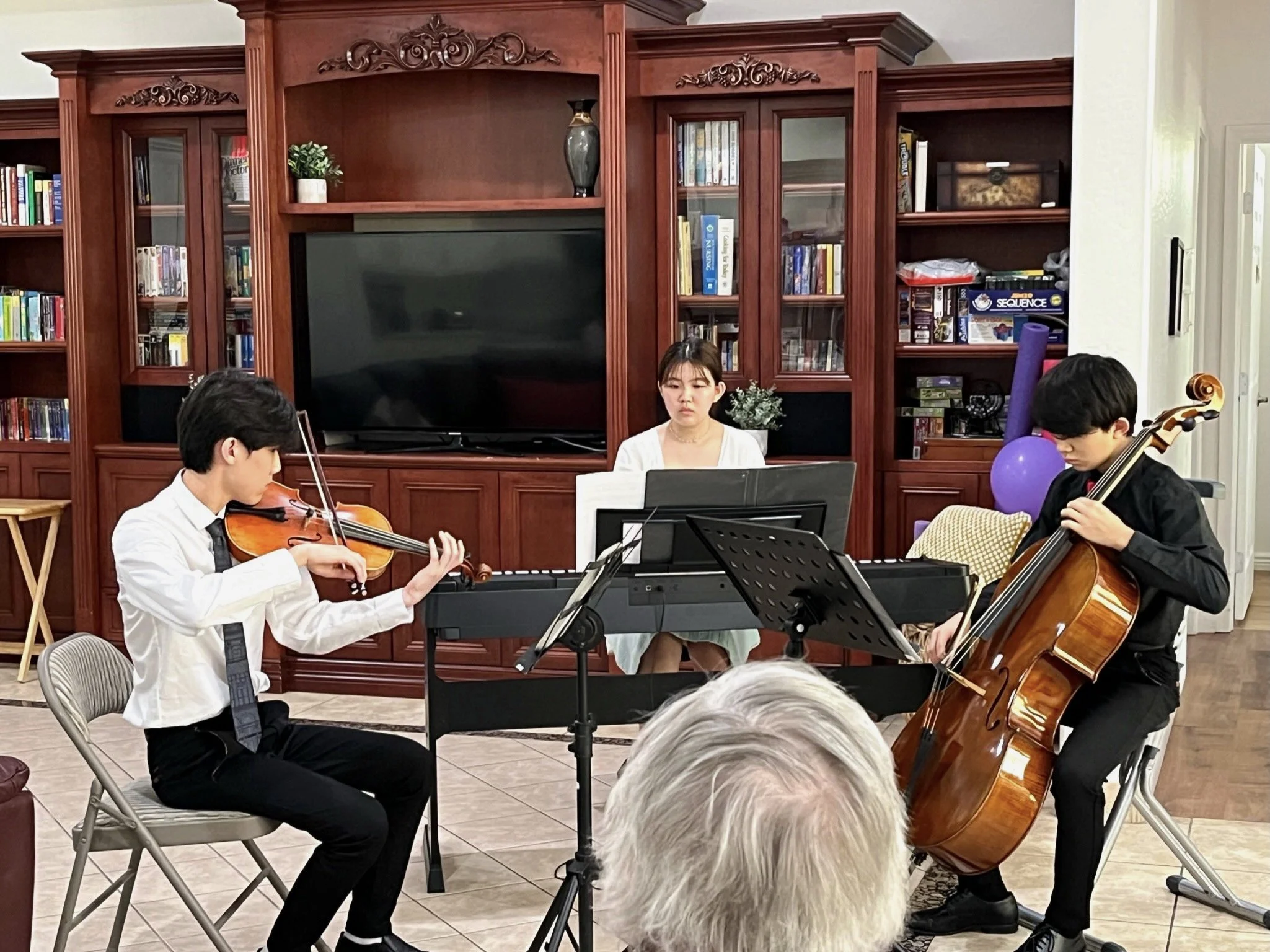 Three young musicians performing a classical music piece in a living room. The boy on the left plays the violin, the girl in the middle plays the piano, and the boy on the right plays the cello. They are seated in front of a wooden bookshelf and a large flat-screen TV.
